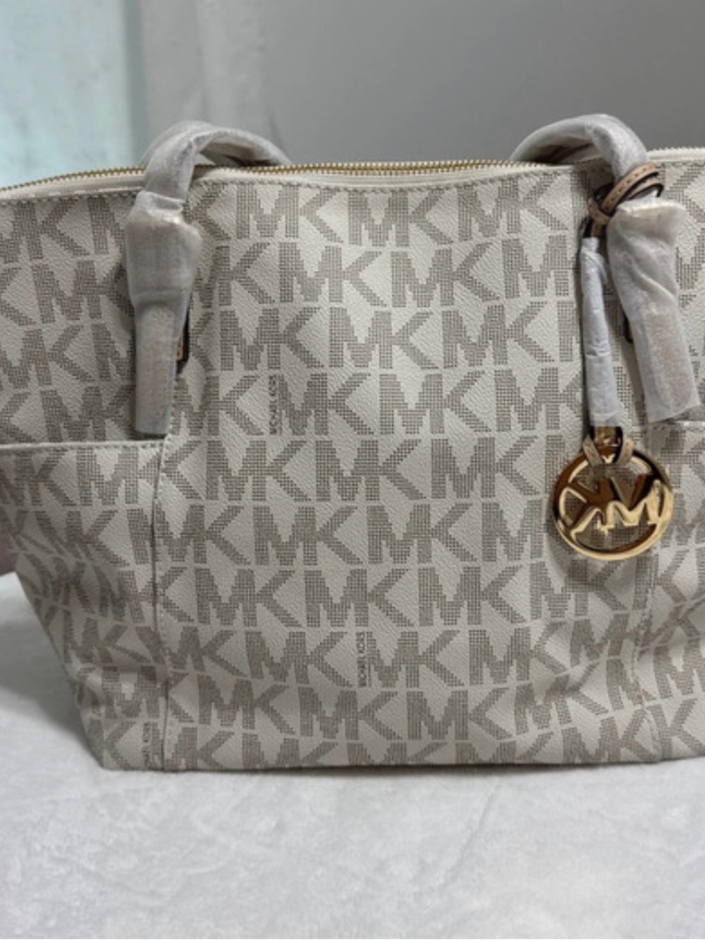 NWT Michael Kors Cream and Taupe Logo Tote with Gold Charm